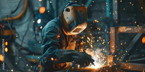 A welder at work in an industrial setting wearing a protective helmet and thick gloves, is bent over, intensely focused on the welding process. 