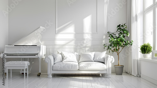 A white grand piano sits in a spacious living room with a white couch and large windows. Sunlight streams in, illuminating the room and highlighting the white furnishings. A potted plant adds a touch  photo