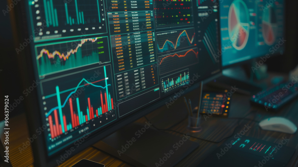 Fototapeta premium Dual monitors displaying colorful, dynamic financial graphs and charts, portraying a bustling and analytical environment of modern finance and data analysis.