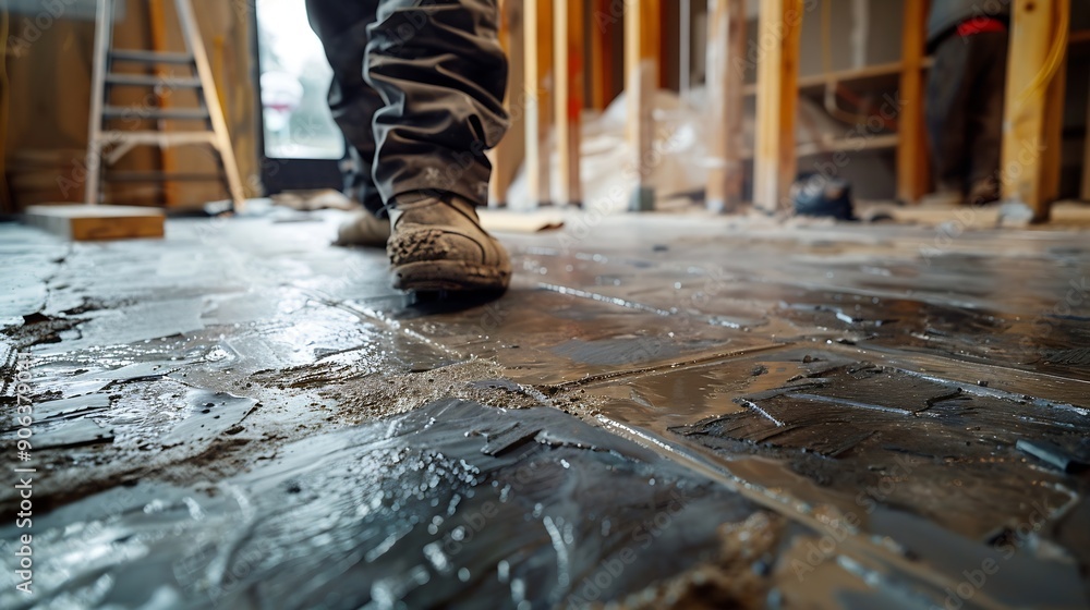 A worker moves along the flooring to the next repair site : Generative AI A worker moves along the flooring to the next repair site : Generative AI