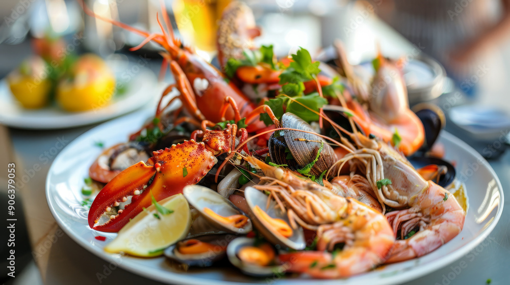 A vibrant seafood platter bursting with colors and flavors, garnished with fresh herbs and lemon slices, perfect for a festive feast. A vibrant seafood platter bursting with colors and flavors, garnished with fresh herbs and lemon slices, perfect for a festive feast.