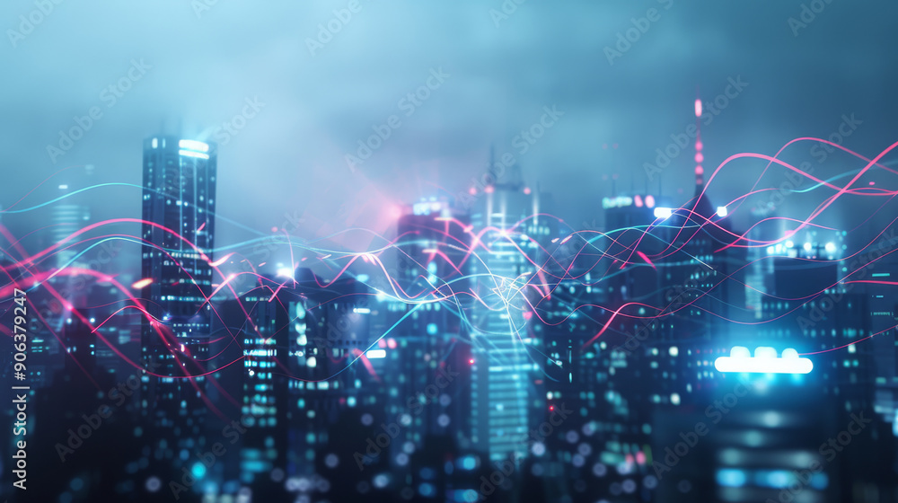 Illuminated data waves flow over a foggy city at night, merging technology with an urban landscape. Illuminated data waves flow over a foggy city at night, merging technology with an urban landscape.