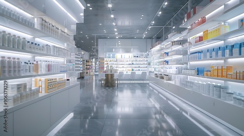 Spacious modern new white drugstore pharmacy chemists store with shelves full of medicines pills vitamins painkillers antibiotics without visitors : Generative AI