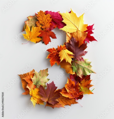 Colorful Autumn Leaves Arranged in a Number Three Shape on a White Background