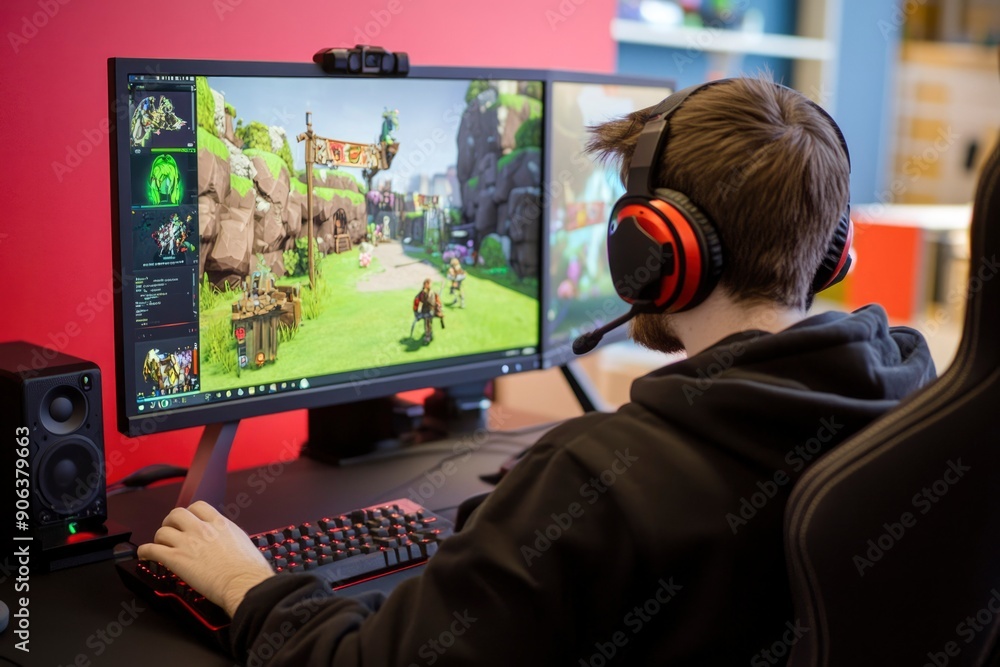 Gamer playing a video game on a computer with headphones on Gamer playing a video game on a computer with headphones on