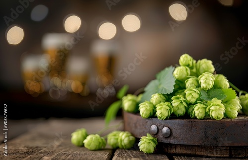 Freshly Harvested Hops on Rustic Table With Beer Glasses in Background