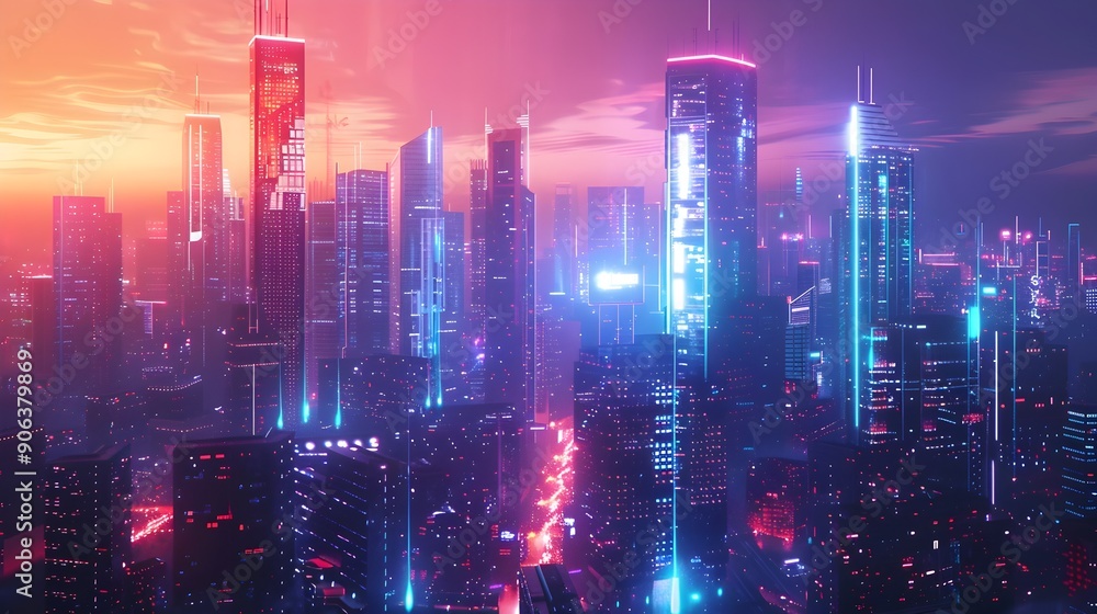Fototapeta premium Futuristic City Skyline with Vibrant Neon Lights and Towering High Tech Skyscrapers