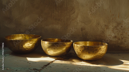 Three golden bowls on a masonry floor, bathed in a soft, warm light, showcasing an artistic and serene ambiance. photo