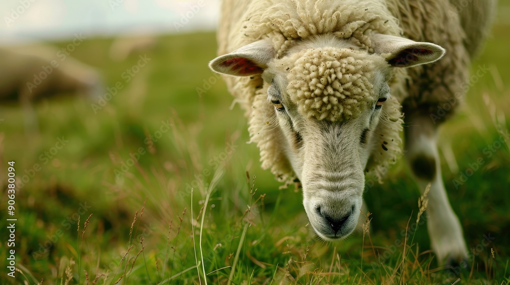 Fluffy Sheep Grazing in Lush Pasture - Close-up of Woolly Coat Texture in Natural Setting Fluffy Sheep Grazing in Lush Pasture - Close-up of Woolly Coat Texture in Natural Setting