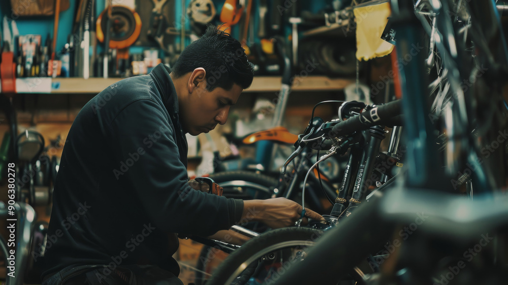 A young mechanic intently repairs a bicycle in a bustling workshop, surrounded by a maze of tools and spare parts. A young mechanic intently repairs a bicycle in a bustling workshop, surrounded by a maze of tools and spare parts.