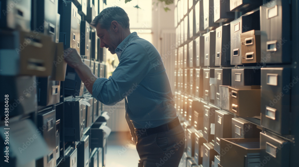 A man diligently searches through rows of file cabinets in a well-lit archive room, illustrating dedication and thoroughness in an organized workspace. A man diligently searches through rows of file cabinets in a well-lit archive room, illustrating dedication and thoroughness in an organized workspace.