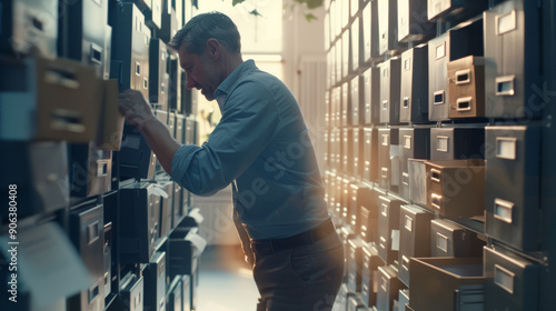 A man diligently searches through rows of file cabinets in a well-lit archive room, illustrating dedication and thoroughness in an organized workspace.