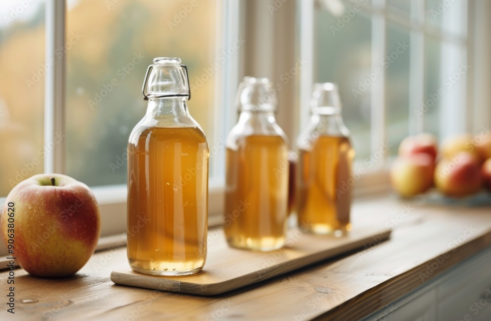 Bottles of Golden Apple Cider on a Windowsill Surrounded by Autumn Leaves Bottles of Golden Apple Cider on a Windowsill Surrounded by Autumn Leaves