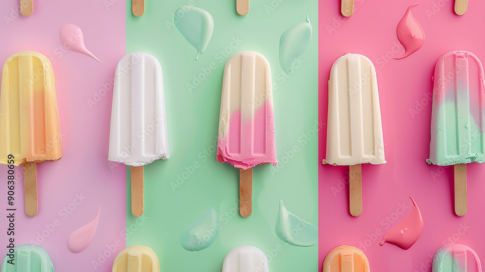 A playful composition of pastel ice cream bars with splashes of color on a vibrant background, capturing summer sweetness. A playful composition of pastel ice cream bars with splashes of color on a vibrant background, capturing summer sweetness.