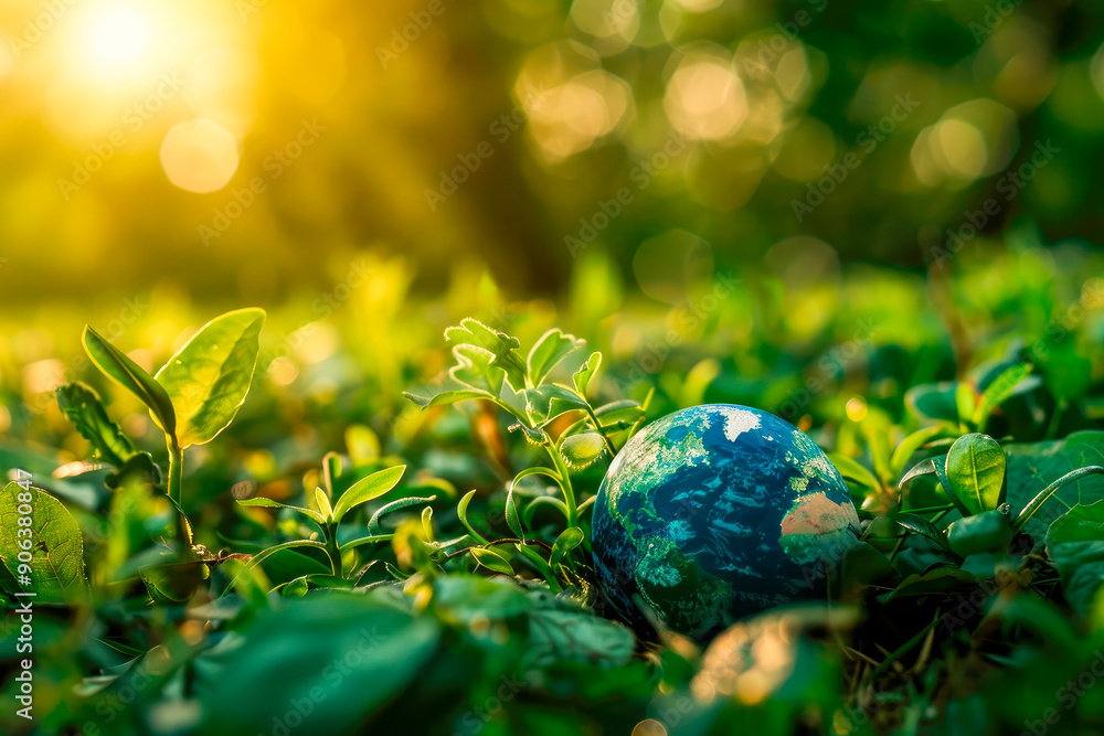 A globe on a morning grass. World earth day, save environment and planet, clean ecology. A globe on a morning grass. World earth day, save environment and planet, clean ecology.