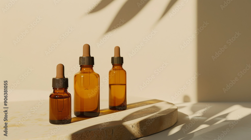 Three amber glass dropper bottles catch warm sunlight, casting shadows on a wooden surface, evoking a sense of natural health and apothecary heritage. Three amber glass dropper bottles catch warm sunlight, casting shadows on a wooden surface, evoking a sense of natural health and apothecary heritage.