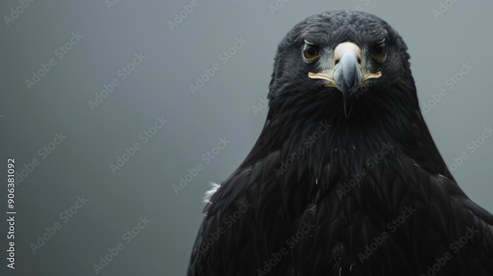 Intense close-up of a fierce black eagle against a dark, moody background, showcasing its regal and powerful demeanor. Intense close-up of a fierce black eagle against a dark, moody background, showcasing its regal and powerful demeanor.