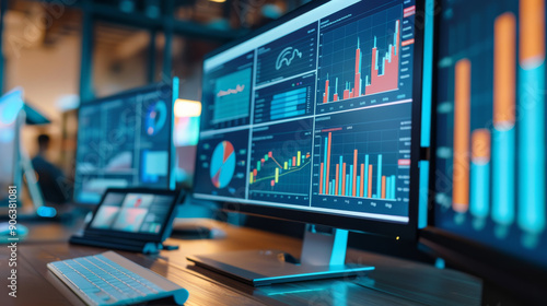 Wallpaper Mural High-tech office with multiple monitors displaying colorful financial charts and data in a dynamic, modern setting. Torontodigital.ca