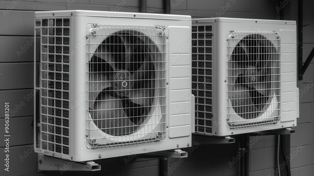 Commercial Air Conditioner Units with Fan Grills Mounted on Brick Wall Commercial Air Conditioner Units with Fan Grills Mounted on Brick Wall