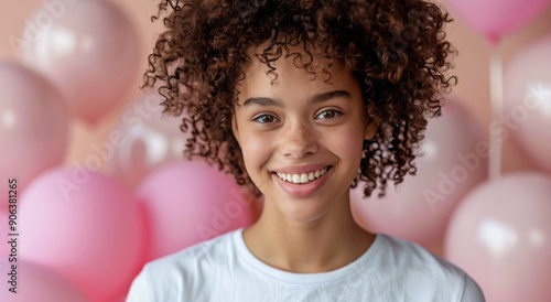 Smiling Young Girl With Curly Hair Surrounded By Pink Balloons In a Festive S...
