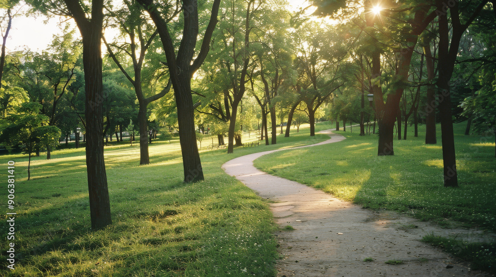 Fototapeta premium A sun-dappled pathway through a tranquil park, showing vibrant greenery and exuding a sense of peace and relaxation.