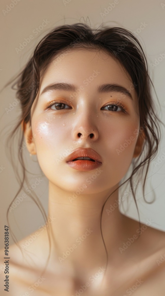 Naklejka premium Radiant Young Asian Woman with Pristine Fresh Skin Featured on a Beige Background, Exemplifying the Perfection of Facial Care and Beauty Spa Treatments.