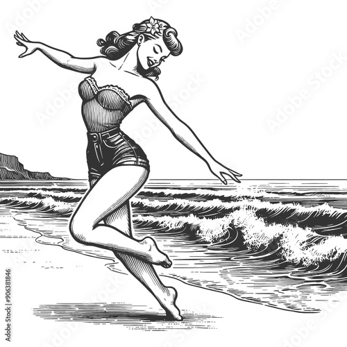 pin-up girl dancing joyfully on the beach, capturing carefree summer vibe sketch engraving generative ai fictional character vector illustration. Scratch board imitation. Black and white image.