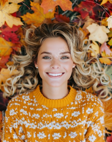 Young Woman Smiling Amid Colorful Autumn Leaves in Cozy Sweater