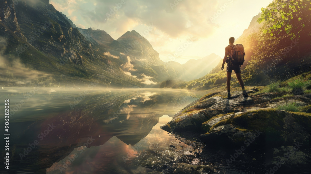 A lone hiker stands on a rocky shore overlooking a serene mountain lake at sunrise, symbolizing adventure, nature, and tranquility. A lone hiker stands on a rocky shore overlooking a serene mountain lake at sunrise, symbolizing adventure, nature, and tranquility.