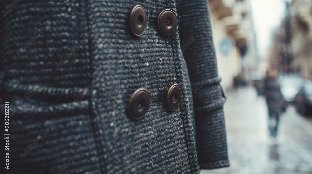 A close-up of a textured, buttoned overcoat with blurred urban background, hinting at a cold day in the city. A close-up of a textured, buttoned overcoat with blurred urban background, hinting at a cold day in the city.