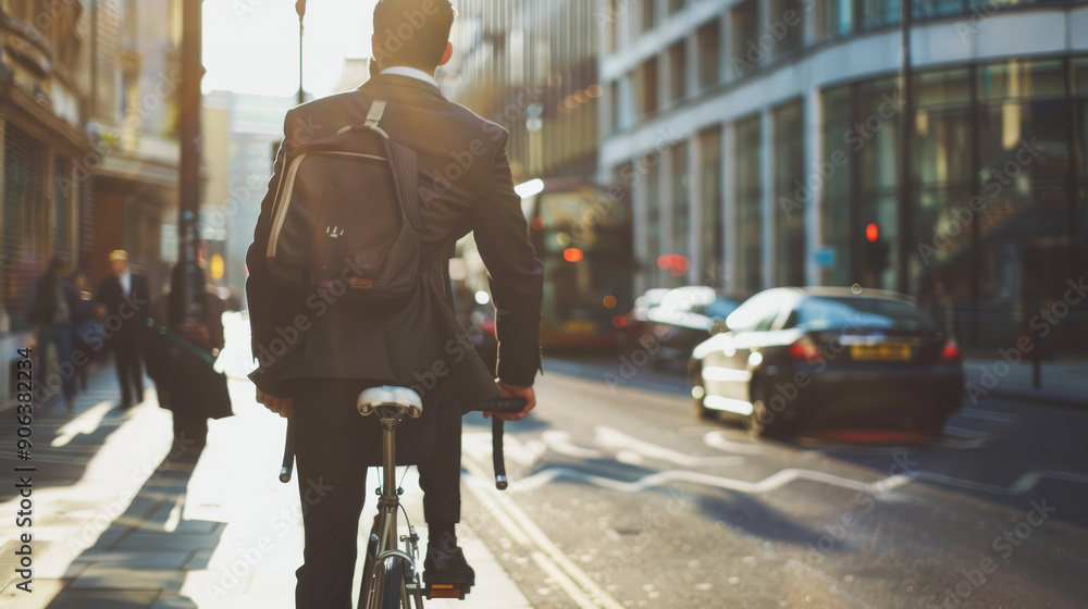 A man in business attire rides a bicycle down a sunlit city street, the urban landscape glowing in the golden hour. A man in business attire rides a bicycle down a sunlit city street, the urban landscape glowing in the golden hour.