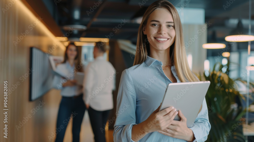Professional businesswoman confidently holding a tablet, standing in a modern office with colleagues in the background, showcasing leadership and ambition. Professional businesswoman confidently holding a tablet, standing in a modern office with colleagues in the background, showcasing leadership and ambition.