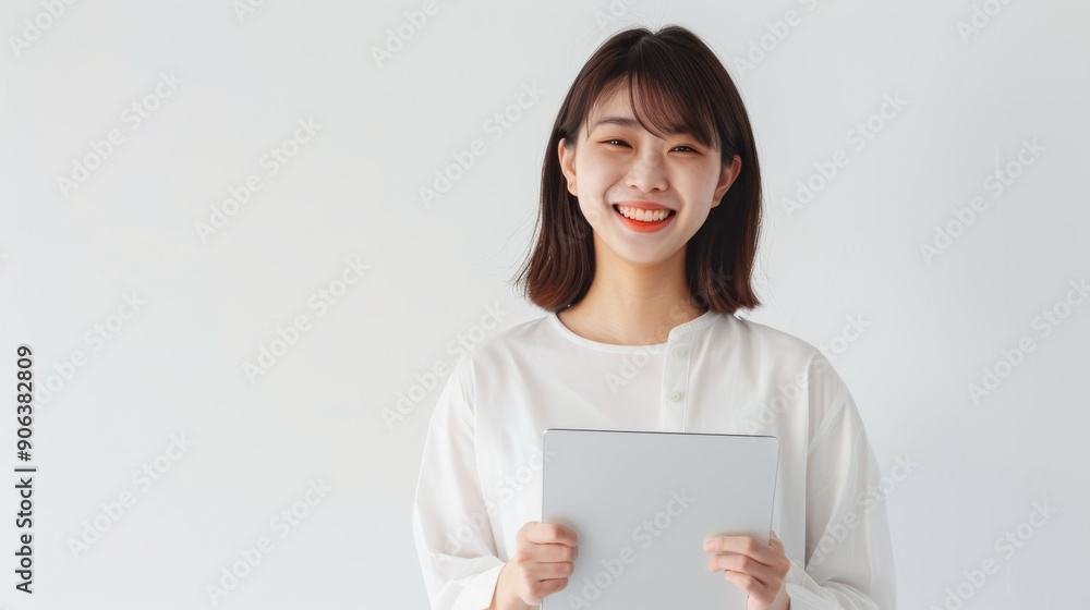 Young woman in white holds a book, radiating a fresh, minimalist vibe with her cheerful smile against a plain background. Young woman in white holds a book, radiating a fresh, minimalist vibe with her cheerful smile against a plain background.