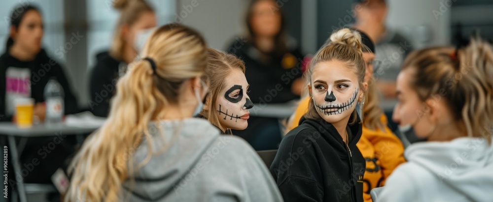 Women Participating in Halloween Celebration With Face Paint in a Festive Setting Women Participating in Halloween Celebration With Face Paint in a Festive Setting
