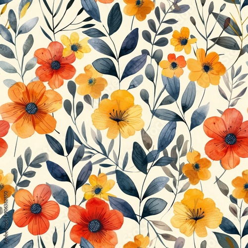 Seamless pattern with watercolor flowers. Hand painted floral background.