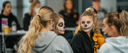Women Participating in Halloween Celebration With Face Paint in a Festive Set...