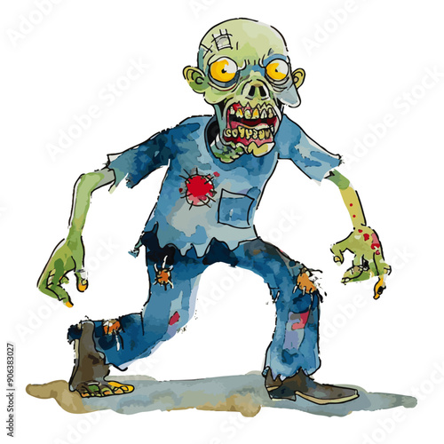 Dynamic watercolor illustration of a cartoon-style zombie with exaggerated features, wearing tattered clothing and lurching forward. Watercolor Zombie Illustration

 photo