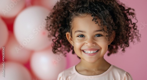 Happy Girl With Curly Hair Smiling Against a Colorful Balloon Background