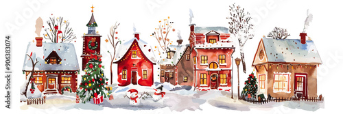 Charming watercolor painting of a winter village adorned with snow, featuring cozy houses, a decorated Christmas tree, and festive atmosphere.
 Winter Village Scene in Watercolor
