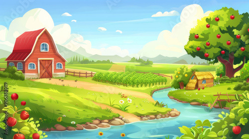 Idyllic Countryside Landscape with Red Barn, River, and Apple Trees.