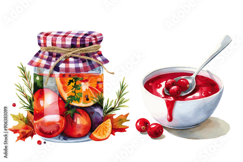 Artistic watercolor depiction of a jar of homemade preserves and a bowl of fresh berry compote, beautifully garnished with vibrant autumn leaves and herbs. Homemade Preserves and Berry Compote 
