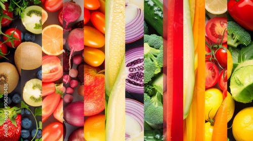 Vividly colored fruits and vegetables are neatly sliced and arranged in vibrant strips, displaying a healthy and appetizing visual spread.