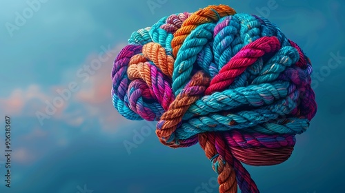 Mental Health Spectrum as a Tangled brain of diverse ropes twisted into a human thinking organ as a cognitive symbol for mind function or anxiety disorders or dementia and autism : Generative AI photo