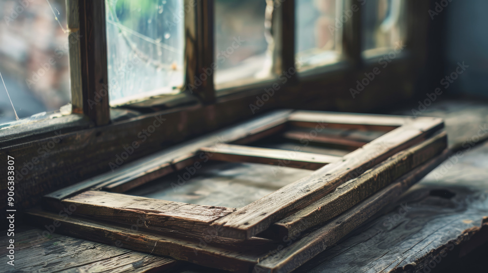 A nostalgic scene of an old wooden window frame lies on a dusty windowsill, with sunlight softly illuminating a spider's web in the corner. A nostalgic scene of an old wooden window frame lies on a dusty windowsill, with sunlight softly illuminating a spider's web in the corner.