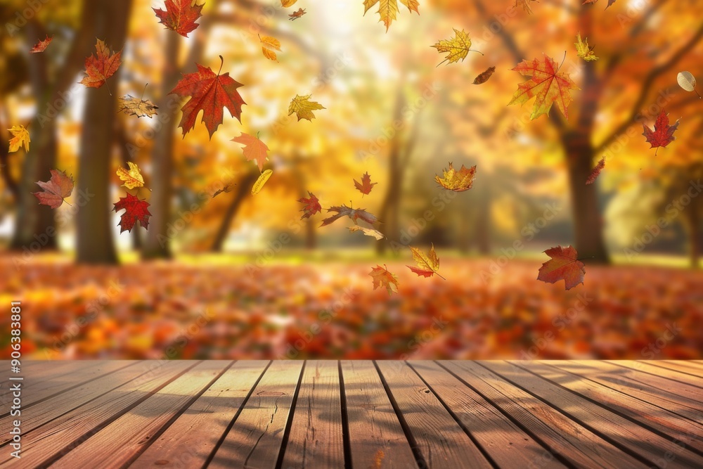 Falling autumn leaves in a forest with a wooden deck in the foreground. Falling autumn leaves in a forest with a wooden deck in the foreground.