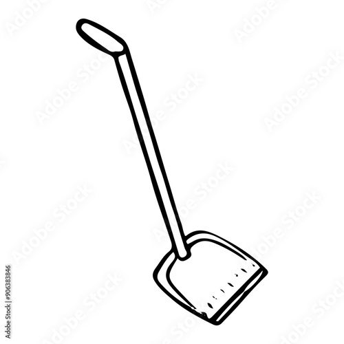 Cleaning dustpan hand drawn doodle. Tool with handle for cleaning the house from dirt. Sweeping dust from the floor. Laundry room. Vector outline line art illustration.