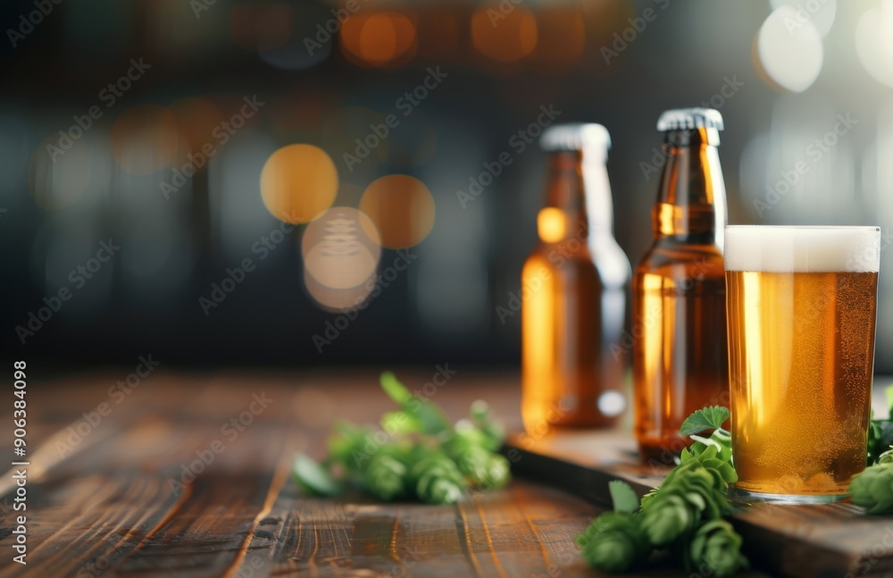 Cold Beer Glass With Bottles and Fresh Hops on Rustic Wooden Table Cold Beer Glass With Bottles and Fresh Hops on Rustic Wooden Table