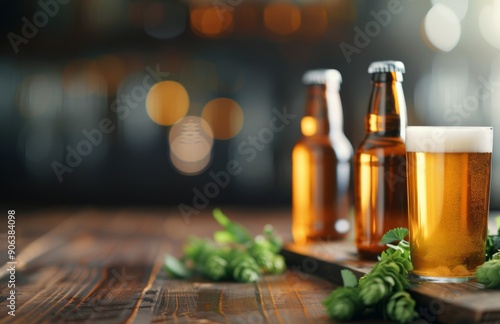Cold Beer Glass With Bottles and Fresh Hops on Rustic Wooden Table