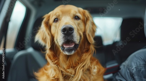 A friendly golden retriever sitting in a car, radiating joy and companionship. Perfect for pet and travel themes.