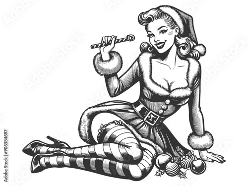 pin-up girl in a Christmas outfit holding a candy cane, festive, holiday spirit sketch engraving generative ai fictional character vector illustration. Scratch board imitation. Black and white image.